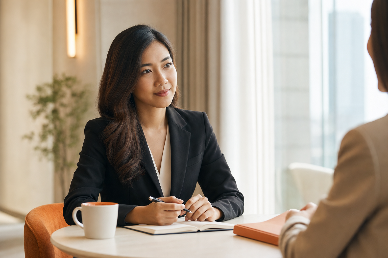 A professional discussing her career goals with a recruitment consultant